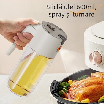Sticlă de ulei din sticlă cu pulverizator, capac ce se deschide printr-o tracțiune, anti-scurgeri, recipient de bucătărie pentru ulei, deschidere și pulverizare automate, design modern minimalist