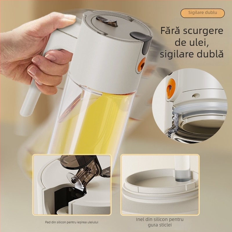 Sticlă de ulei din sticlă cu pulverizator, capac ce se deschide printr-o tracțiune, anti-scurgeri, recipient de bucătărie pentru ulei, deschidere și pulverizare automate, design modern minimalist