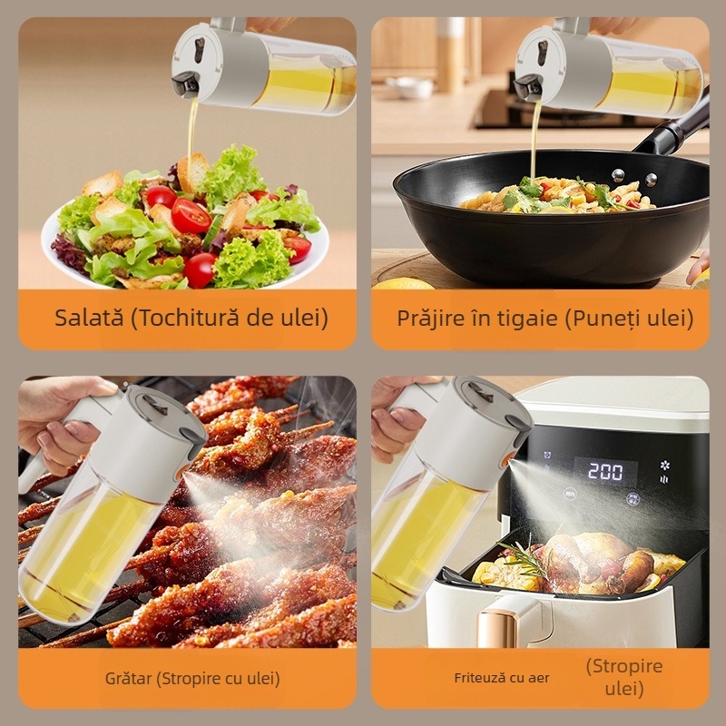 Sticlă de ulei din sticlă cu pulverizator, capac ce se deschide printr-o tracțiune, anti-scurgeri, recipient de bucătărie pentru ulei, deschidere și pulverizare automate, design modern minimalist