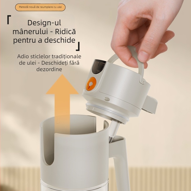 Sticlă de ulei din sticlă cu pulverizator, capac ce se deschide printr-o tracțiune, anti-scurgeri, recipient de bucătărie pentru ulei, deschidere și pulverizare automate, design modern minimalist