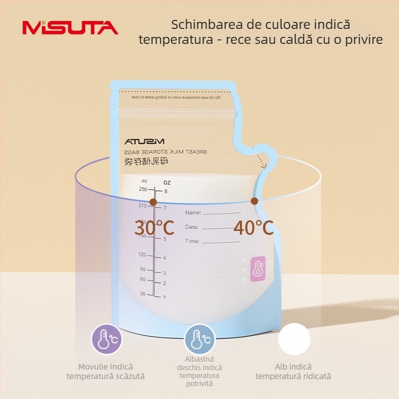 Misuta Sac de stocare a laptelui matern, senzitivitate la temperatură pentru prospețime, 250 ml, PE+PET