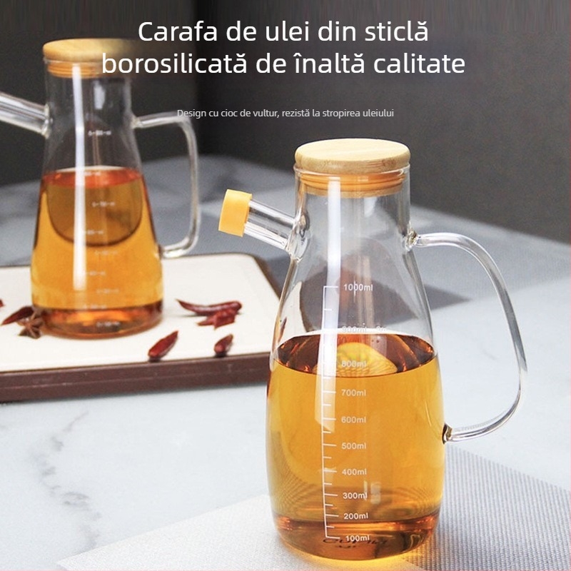 Sticlă de ulei pentru bucătărie din sticlă borosilicată cu scară de măsurare, mâner