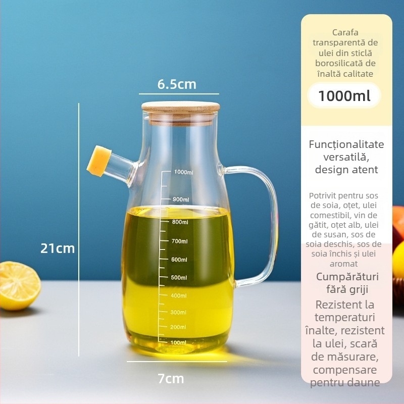 Sticlă de ulei pentru bucătărie din sticlă borosilicată cu scară de măsurare, mâner