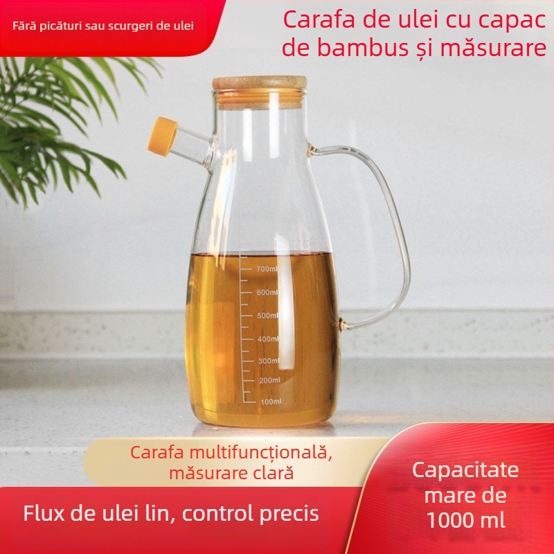 Sticlă de ulei pentru bucătărie din sticlă borosilicată cu scară de măsurare, mâner