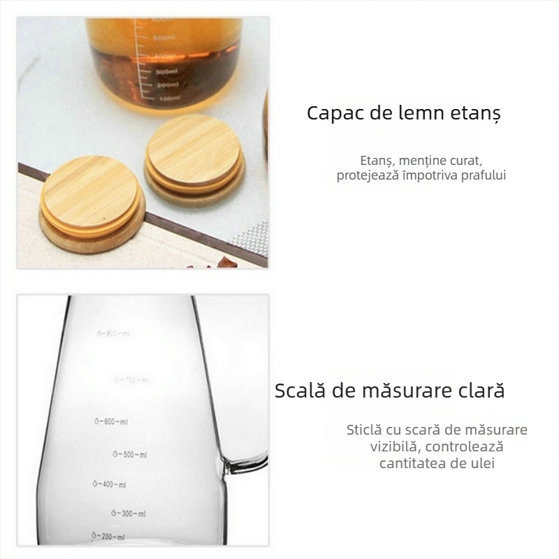 Sticlă de ulei pentru bucătărie din sticlă borosilicată cu scară de măsurare, mâner