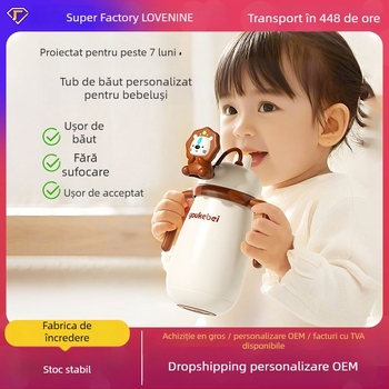 Cana termică pentru copii din oțel inoxidabil 316, carcasă din silicon, izolație 6-12 ore, cu mâner și pai, design desene animate