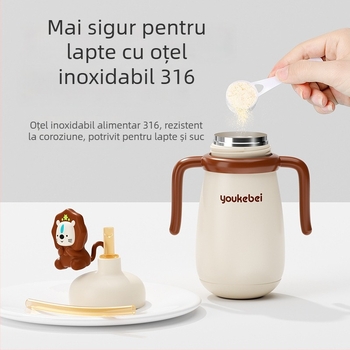 Cana termică pentru copii din oțel inoxidabil 316, carcasă din silicon, izolație 6-12 ore, cu mâner și pai, design desene animate