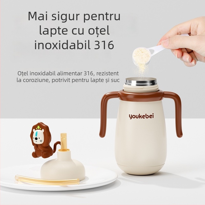 Cana termică pentru copii din oțel inoxidabil 316, carcasă din silicon, izolație 6-12 ore, cu mâner și pai, design desene animate