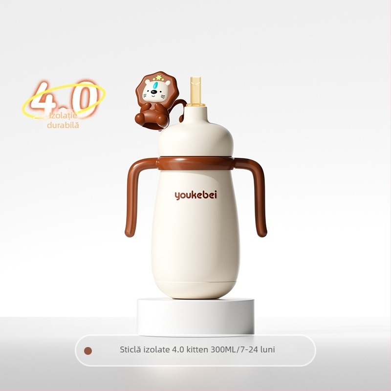 Cana termică pentru copii din oțel inoxidabil 316, carcasă din silicon, izolație 6-12 ore, cu mâner și pai, design desene animate