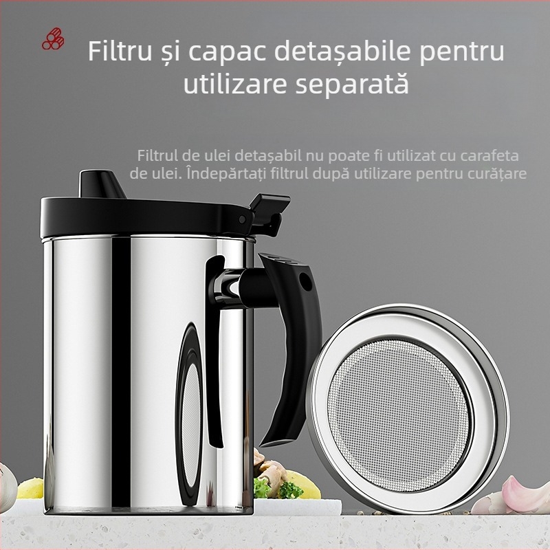 Recipient pentru ulei din oțel inoxidabil, cu filtru și strecurătoare, dozator de bucătărie cu capac automat