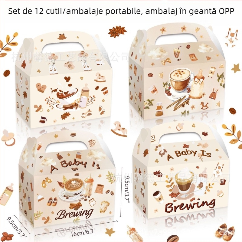 DD483 Cutie cadou pentru bomboane la petrecere de bebeluș, cutie de transport, imprimare offset, carton alb 250gsm, set de 12 bucăți, două variante
