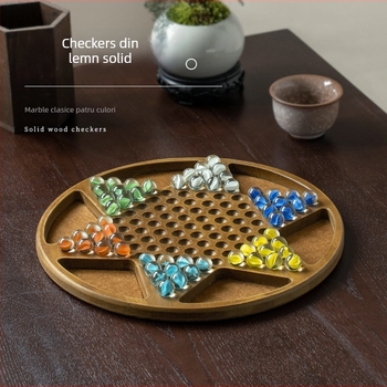 Set din lemn pentru checkers cu bile — jucărie educațională, marca Yimu; potrivit pentru vârste 4–60; ambalaj: cutie colorată