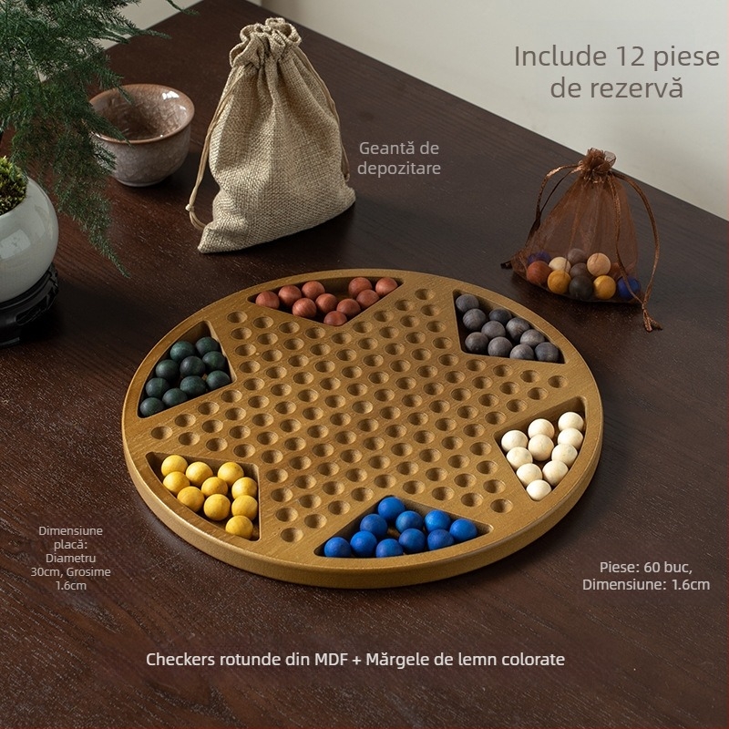 Set din lemn pentru checkers cu bile — jucărie educațională, marca Yimu; potrivit pentru vârste 4–60; ambalaj: cutie colorată