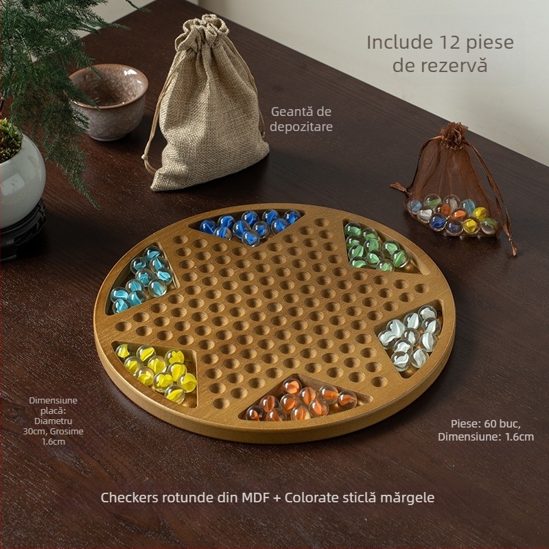 Set din lemn pentru checkers cu bile — jucărie educațională, marca Yimu; potrivit pentru vârste 4–60; ambalaj: cutie colorată