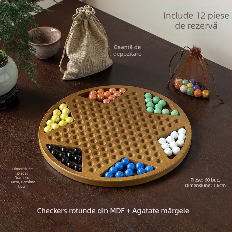 Set din lemn pentru checkers cu bile — jucărie educațională, marca Yimu; potrivit pentru vârste 4–60; ambalaj: cutie colorată