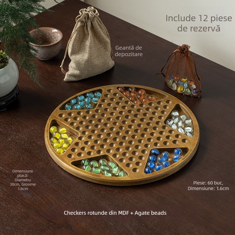 Set din lemn pentru checkers cu bile — jucărie educațională, marca Yimu; potrivit pentru vârste 4–60; ambalaj: cutie colorată