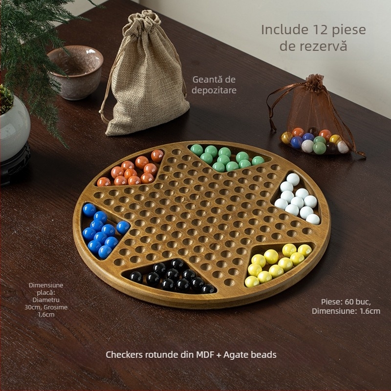 Set din lemn pentru checkers cu bile — jucărie educațională, marca Yimu; potrivit pentru vârste 4–60; ambalaj: cutie colorată