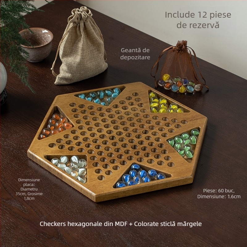Set din lemn pentru checkers cu bile — jucărie educațională, marca Yimu; potrivit pentru vârste 4–60; ambalaj: cutie colorată