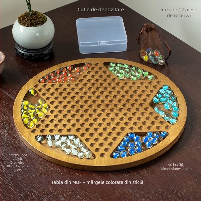 Set din lemn pentru checkers cu bile — jucărie educațională, marca Yimu; potrivit pentru vârste 4–60; ambalaj: cutie colorată