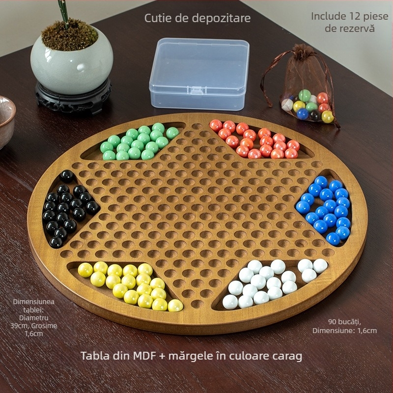 Set din lemn pentru checkers cu bile — jucărie educațională, marca Yimu; potrivit pentru vârste 4–60; ambalaj: cutie colorată