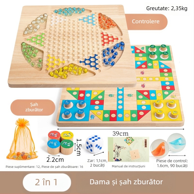 Set din lemn pentru checkers cu bile — jucărie educațională, marca Yimu; potrivit pentru vârste 4–60; ambalaj: cutie colorată