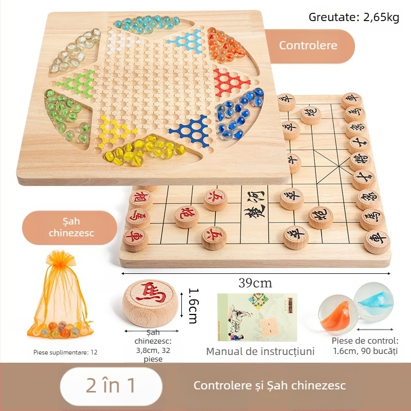 Set din lemn pentru checkers cu bile — jucărie educațională, marca Yimu; potrivit pentru vârste 4–60; ambalaj: cutie colorată