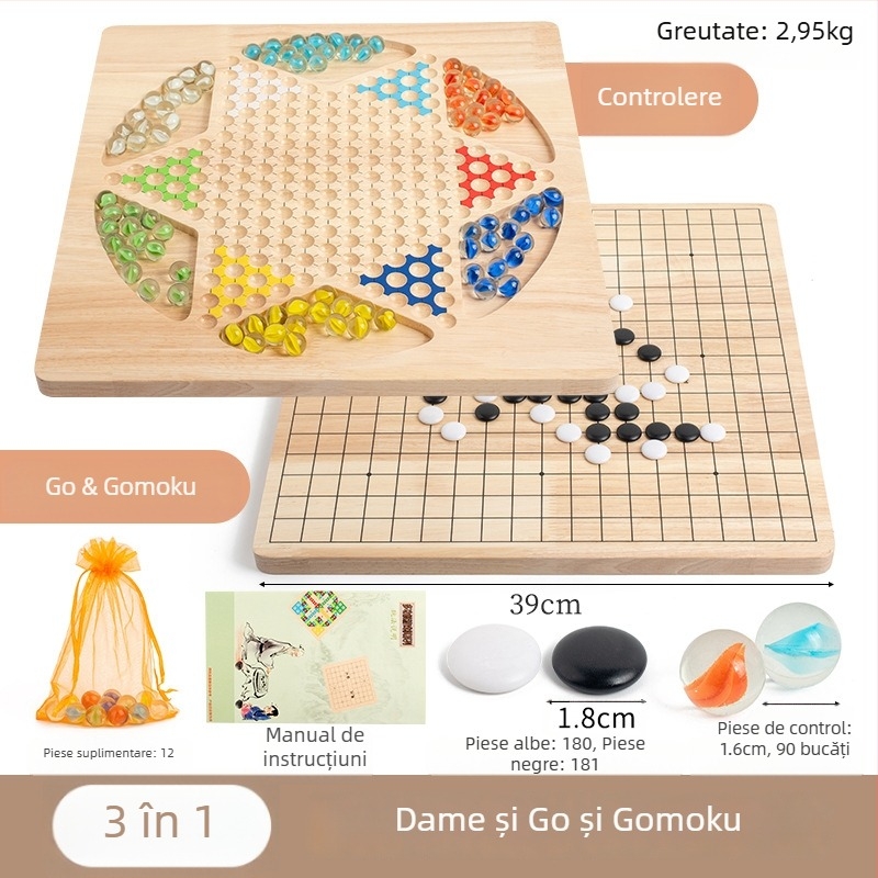 Set din lemn pentru checkers cu bile — jucărie educațională, marca Yimu; potrivit pentru vârste 4–60; ambalaj: cutie colorată