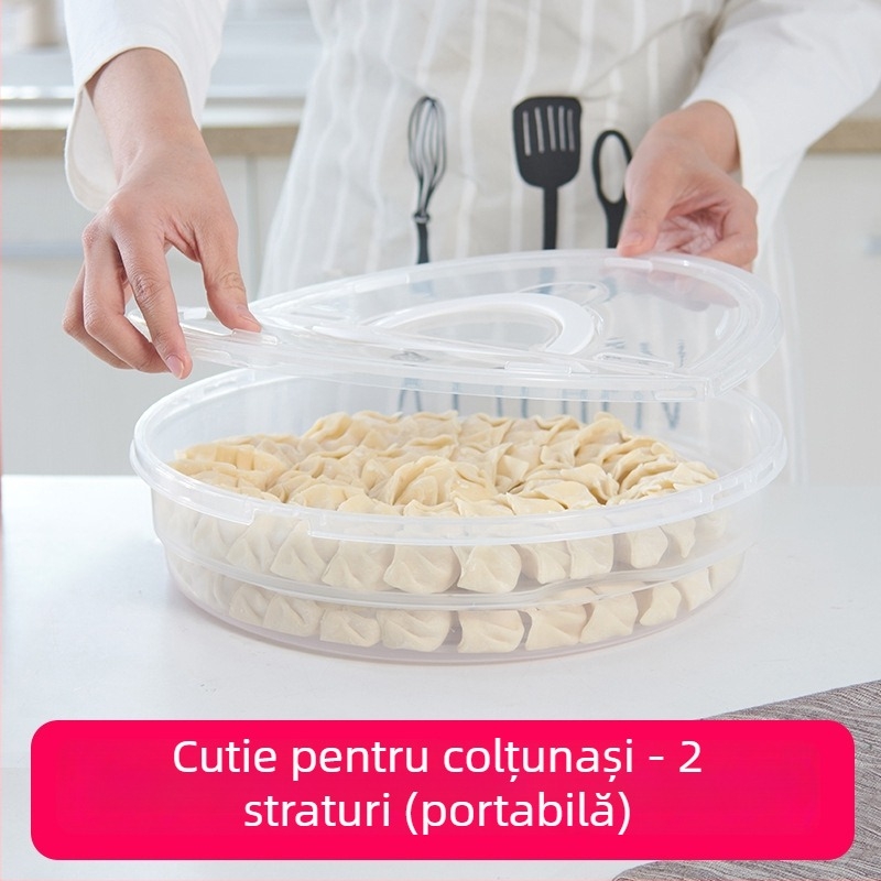 Cutie circulară portabilă pentru depozitare a alimentelor, două niveluri, din plastic, pentru dumplings, pizza și ouă