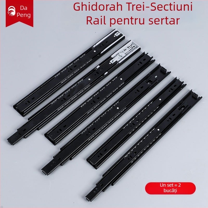 Glisieră pentru sertar din oțel laminat la rece, cu amortizor și ghidaj cu bile, design cu trei secțiuni