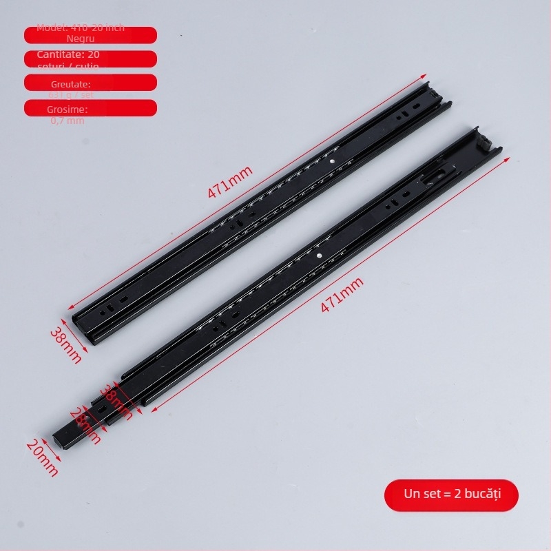 Glisieră pentru sertar din oțel laminat la rece, cu amortizor și ghidaj cu bile, design cu trei secțiuni