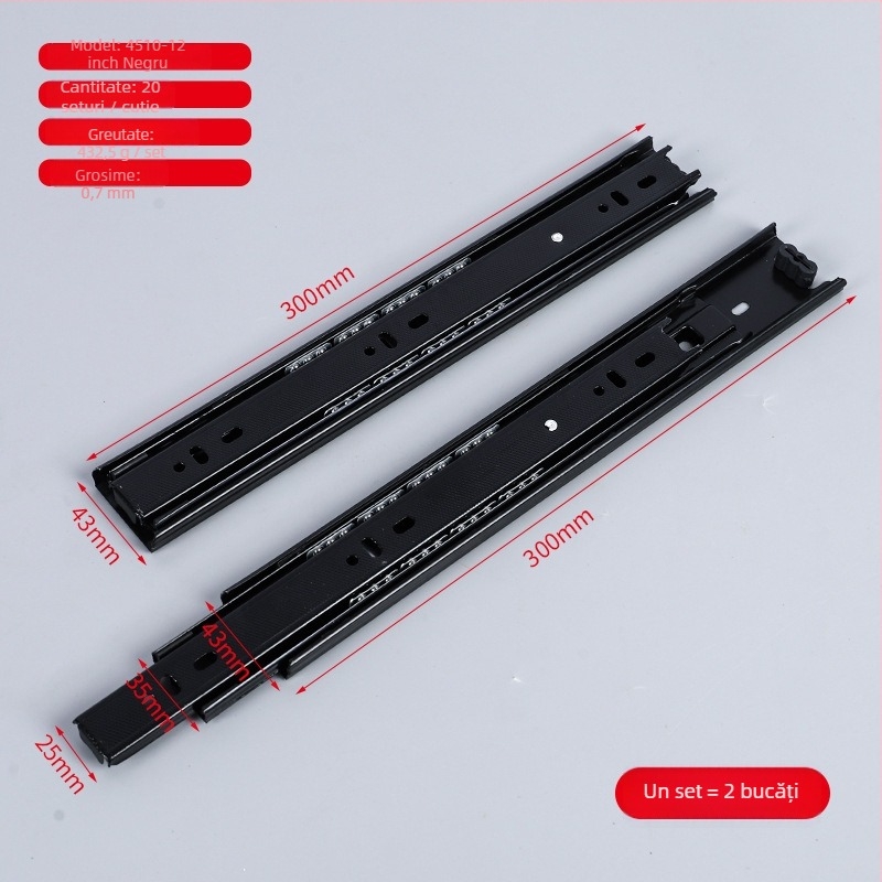 Glisieră pentru sertar din oțel laminat la rece, cu amortizor și ghidaj cu bile, design cu trei secțiuni