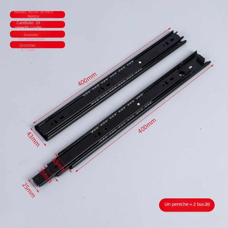 Glisieră pentru sertar din oțel laminat la rece, cu amortizor și ghidaj cu bile, design cu trei secțiuni