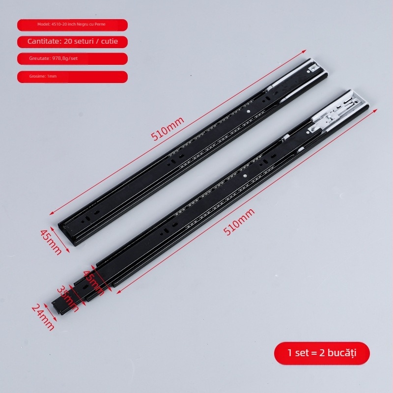 Glisieră pentru sertar din oțel laminat la rece, cu amortizor și ghidaj cu bile, design cu trei secțiuni