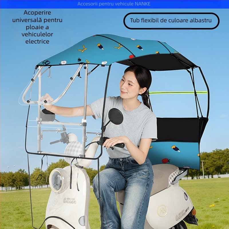 Acoperire de ploaie pentru mașină electrică - pliabilă, extensibilă, cu cadru dublu, țesătură Oxford, UV PA+ protecție solară, adăpost detașabil împotriva vântului și ploilor, deschidere/închidere manuală