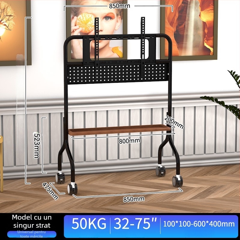Suport mobil pentru televizor pe podea din oțel inoxidabil cu roți, vertical, universal pentru televizoare cu ecran plat, bază 850×490×1230 mm, model Art cart