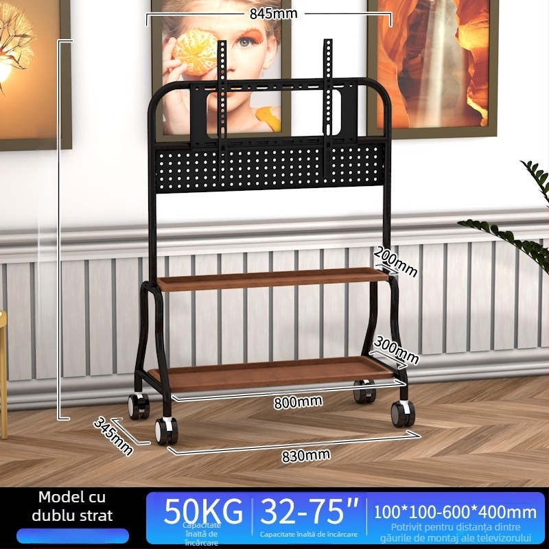 Suport mobil pentru televizor pe podea din oțel inoxidabil cu roți, vertical, universal pentru televizoare cu ecran plat, bază 850×490×1230 mm, model Art cart