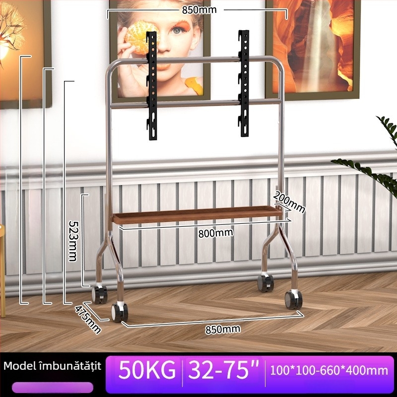 Suport mobil pentru televizor pe podea din oțel inoxidabil cu roți, vertical, universal pentru televizoare cu ecran plat, bază 850×490×1230 mm, model Art cart