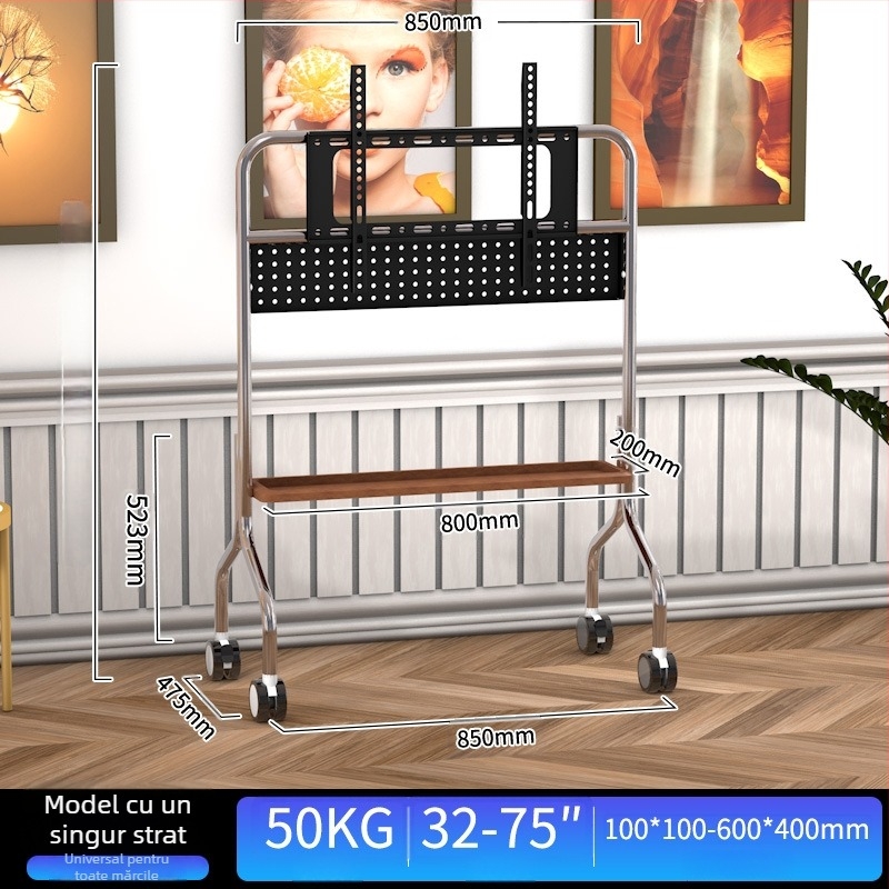 Suport mobil pentru televizor pe podea din oțel inoxidabil cu roți, vertical, universal pentru televizoare cu ecran plat, bază 850×490×1230 mm, model Art cart
