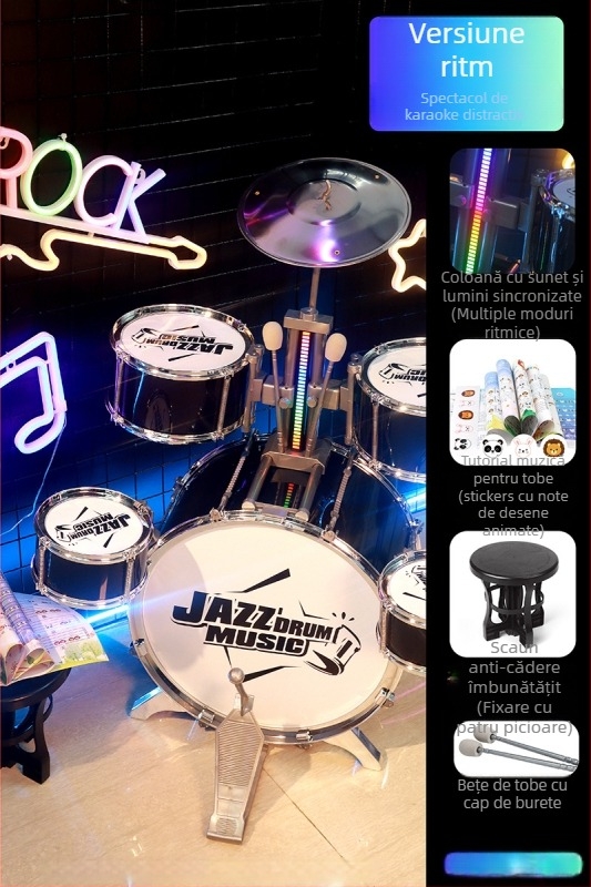 Set de tobe pentru copii începători — instrument de percuție occidental din plastic, pentru copii 4–6 ani, dimensiuni 38×23,5×80 cm, certificare 3C, cod 2021152202035843