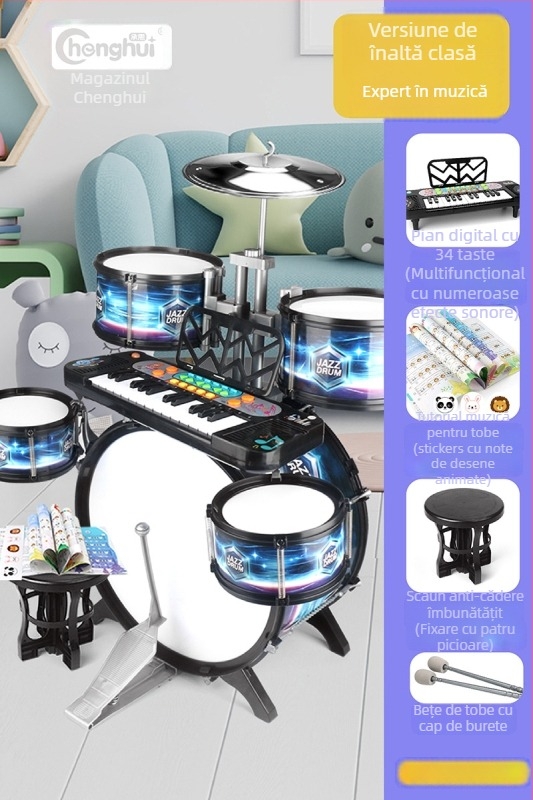 Set de tobe pentru copii începători — instrument de percuție occidental din plastic, pentru copii 4–6 ani, dimensiuni 38×23,5×80 cm, certificare 3C, cod 2021152202035843