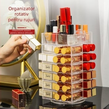 Cutie de depozitare pentru ruj pe birou cu rotire la 360°, material PS, organizator cu peste 3 niveluri pentru ruj și luciu de buze