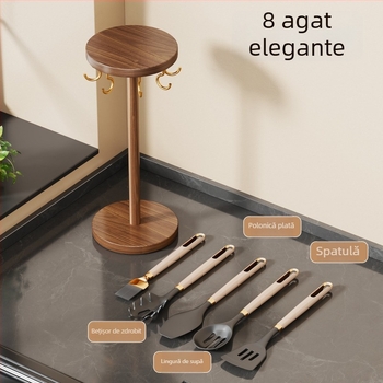 Raft organizator tacâmuri din lemn masiv cu cârlig pentru perete și poliță pe blat, design minimalist modern pentru bucătărie, brand Linjia Xiaoz