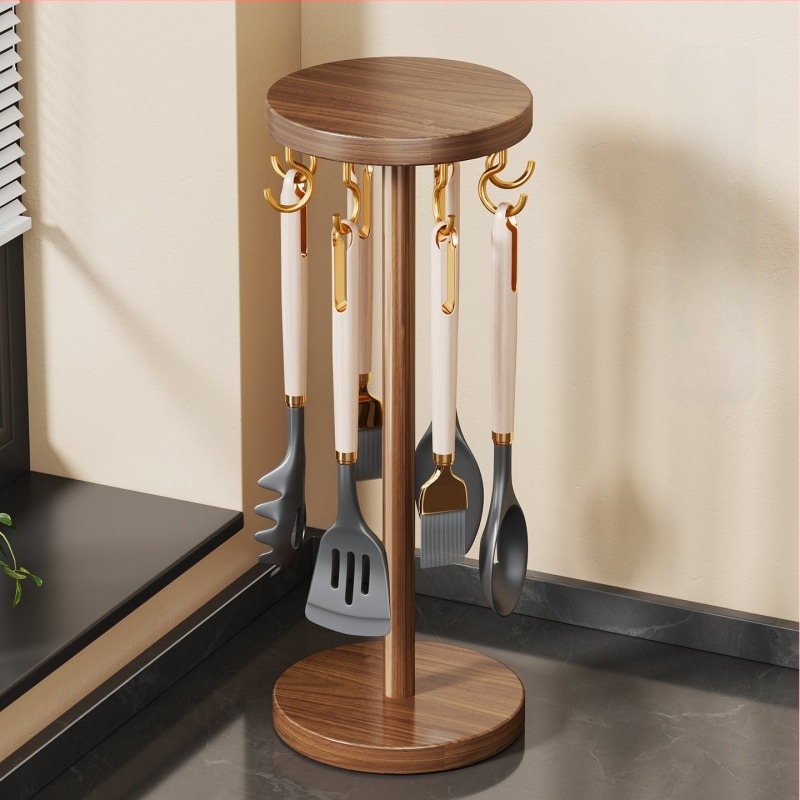 Raft organizator tacâmuri din lemn masiv cu cârlig pentru perete și poliță pe blat, design minimalist modern pentru bucătărie, brand Linjia Xiaoz