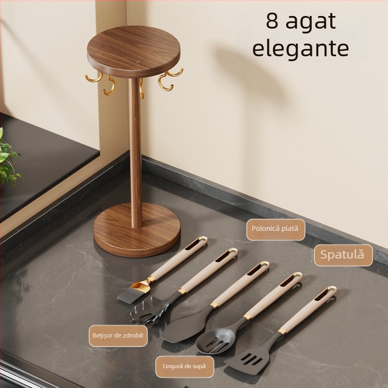 Raft organizator tacâmuri din lemn masiv cu cârlig pentru perete și poliță pe blat, design minimalist modern pentru bucătărie, brand Linjia Xiaoz