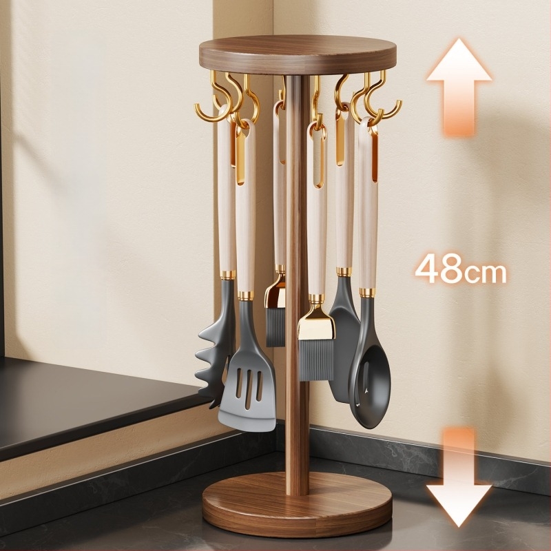 Raft organizator tacâmuri din lemn masiv cu cârlig pentru perete și poliță pe blat, design minimalist modern pentru bucătărie, brand Linjia Xiaoz