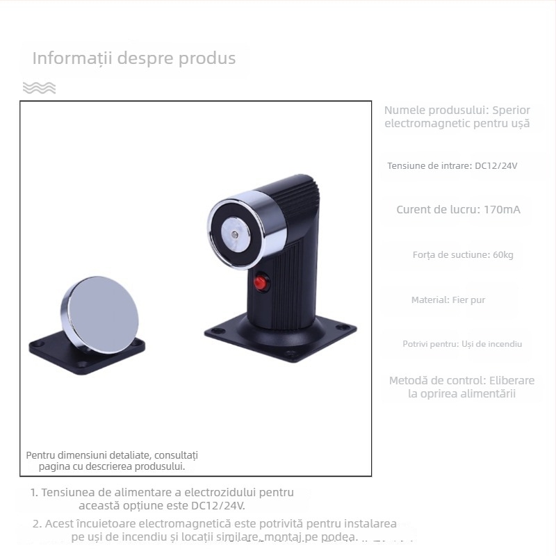F34 Dispozitiv electromagnetic de eliberare a ușii pentru ușile de incendiu din sticlă fără ramă, aliaj de zinc, finisaj vopsire cu uscare în cuptor, montaj pe perete, stil modern minimalist