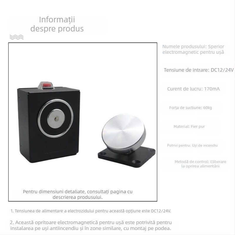 F34 Dispozitiv electromagnetic de eliberare a ușii pentru ușile de incendiu din sticlă fără ramă, aliaj de zinc, finisaj vopsire cu uscare în cuptor, montaj pe perete, stil modern minimalist