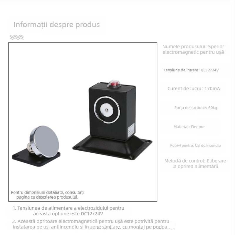 F34 Dispozitiv electromagnetic de eliberare a ușii pentru ușile de incendiu din sticlă fără ramă, aliaj de zinc, finisaj vopsire cu uscare în cuptor, montaj pe perete, stil modern minimalist