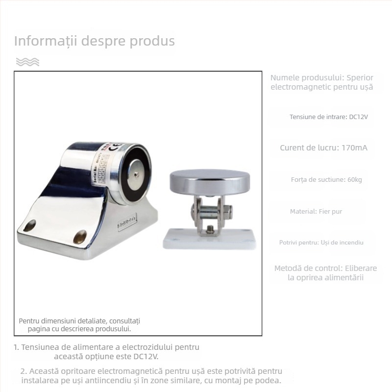 F34 Dispozitiv electromagnetic de eliberare a ușii pentru ușile de incendiu din sticlă fără ramă, aliaj de zinc, finisaj vopsire cu uscare în cuptor, montaj pe perete, stil modern minimalist