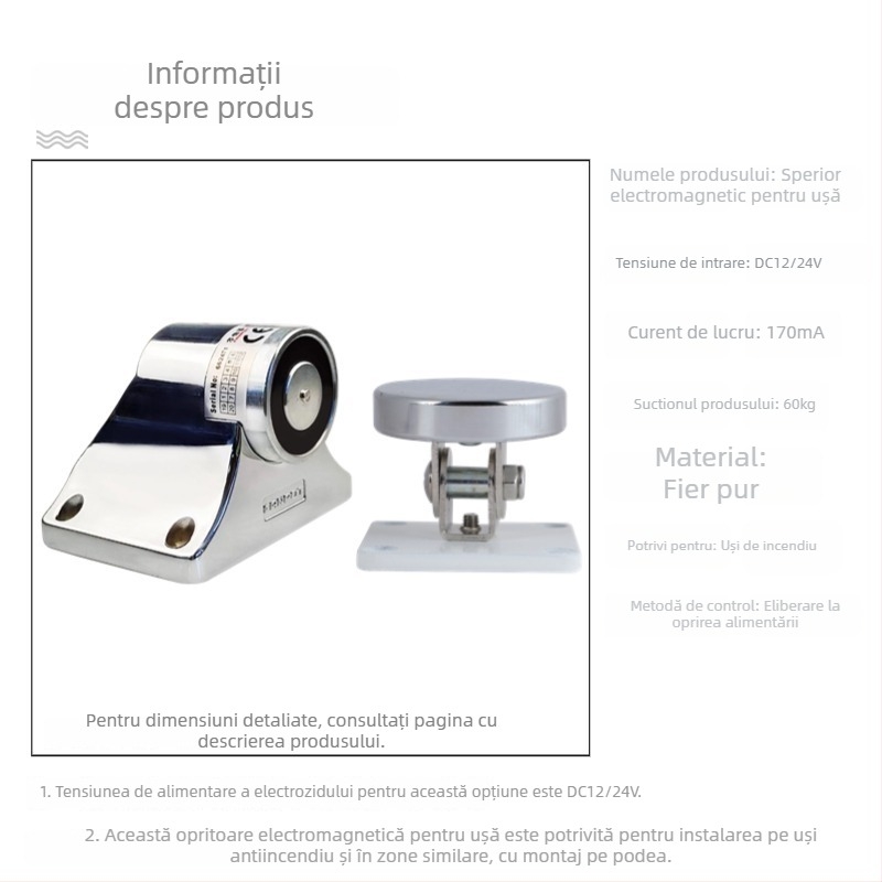 F34 Dispozitiv electromagnetic de eliberare a ușii pentru ușile de incendiu din sticlă fără ramă, aliaj de zinc, finisaj vopsire cu uscare în cuptor, montaj pe perete, stil modern minimalist